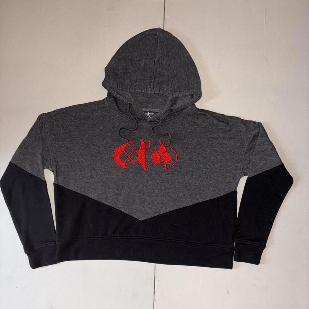 Harley Quinn gray & black adult pullover hoodie with red Batman logo